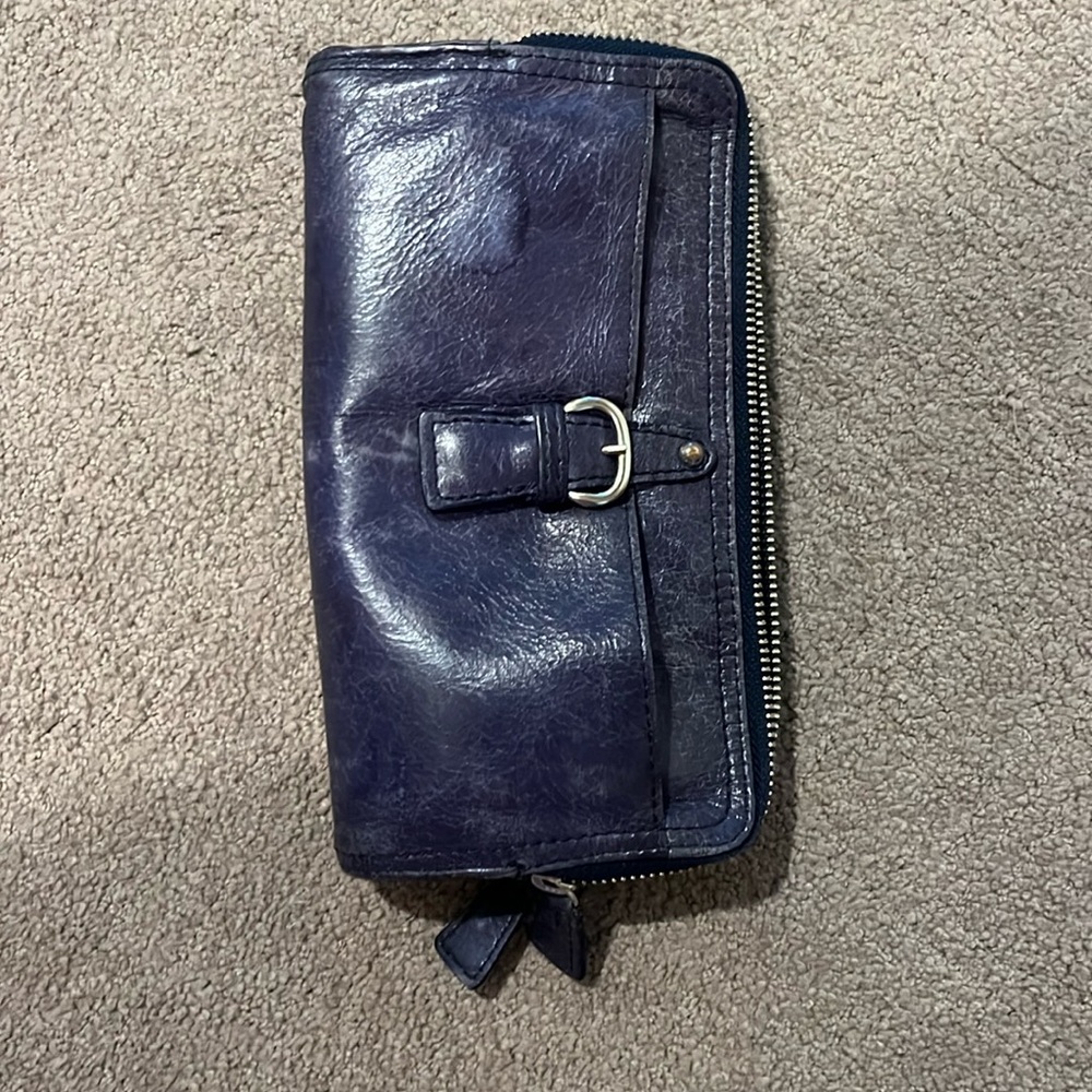 Tano Navy Blue Leather Zip Wallet with Buckle Accent
